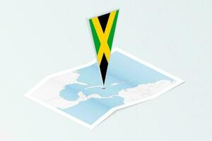 isometrische papier kaart van Jamaica met driehoekig vlag van Jamaica in isometrische stijl. kaart Aan topografisch achtergrond. vector