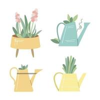 tuin accessoires. verzameling. gieter blikjes, planten, bloem pot. vector illustraties geïsoleerd Aan wit achtergrond. tuinieren vlak vector set.