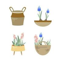 tuin accessoires. verzameling. roze hyacint, lavendel, planten, bloem pot, rotan of canvas planter, canvas tas. vector illustraties geïsoleerd Aan wit achtergrond. tuinieren vlak vector set.