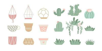 vector reeks van knus schattig cactussen, sappig planten en bloem potten. inspiratie citaten. huis tuinieren. huis planten. plantkunde decoratie in vlak stijl.