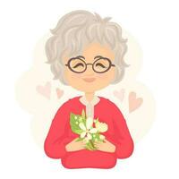 senior vrouw met bloem veel. modern ouderen oud dame Holding bloemen boeket. vector