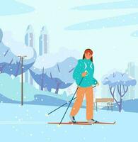 jong vrouw skiën in winter park. besneeuwd openbaar tuin met bank, bomen, stadsgezicht Bij de achtergrond. vlak vector illustratie.