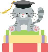 schattig kat met diploma uitreiking pet zittend Aan top van boeken vector