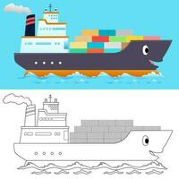 vector illustratie van tekenfilm grappig lading schip met containers. kleur boek of bladzijde voor kinderen