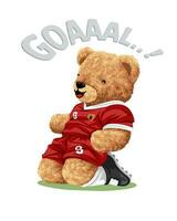 hand- getrokken vector illustratie van teddy beer vieren doel in voetbal spel
