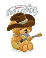 hand- getrokken teddy beer tekenfilm met cowboy hoed spelen gitaar vector