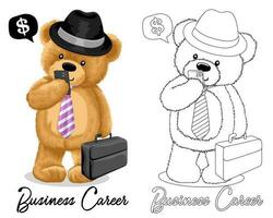 hand- getrokken vector illustratie van teddy beer vervelend bowler hoed en stropdas met koffer Holding cellulair telefoon. kleur boek of bladzijde