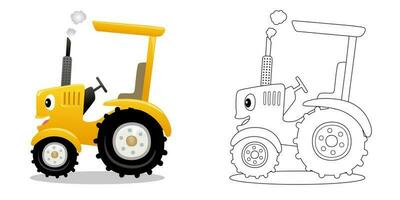 vector illustratie van tekenfilm grappig geel tractor. kleur boek of bladzijde voor kinderen