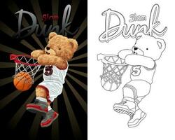 hand- getrokken vector illustratie van teddy beer spelen basketbal. kleur boek of bladzijde