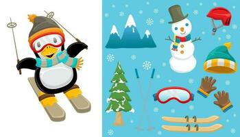 hand- getrokken schattig pinguïn skiën met winter sport elementen vector