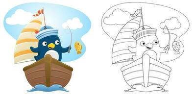 vector illustratie van tekenfilm schattig pinguïn matroos visvangst Aan zeilboot. kleur boek of pag