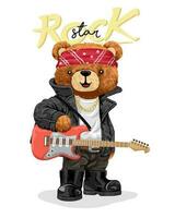 hand- getrokken vector illustratie van teddy beer in rocker stijl met elektrisch gitaar