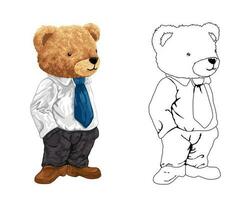 hand- getrokken vector illustratie van teddy beer in pak. kleur boek of bladzijde