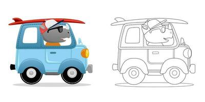 vector illustratie van tekenfilm grappig neushoorn het rijden auto draag- surfplank. kleur boek of bladzijde