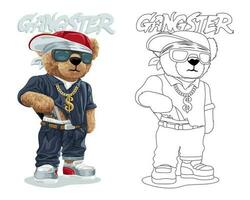 hand- getrokken vector illustratie van teddy beer gangster met pistool. kleur boek of bladzijde