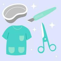 schattig medisch sticker set. hand- getrokken gezondheidszorg tekenfilm tekening chirurgisch blad schaar uniform. bundel van kinderkamer kind grafisch afdrukken voor ziekenhuis kliniek apotheek noodgeval dokter vector