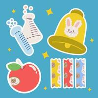 school- schrijfbehoeften kawaii sticker set. hand- getrokken kantoor levering tekenfilm tekening chemie, ring, klok, plakband. bundel van schattig kind grafisch afdrukken voor peuter. kinderen leren, docent, college vector