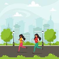 vrouwen joggen in het park op de achtergrond van de stad vector