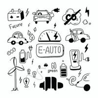 e auto doodle set groene energie en e auto schets ecologie vervoer schone auto co2 neutraal oplaadbare auto emissies co2 vector collectie