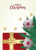 gelukkige merry christmas belettering kaart met ballen en cadeau in bladeren vector