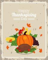 happy thanksgiving day poster met pompoen en kalkoen in schotel vector