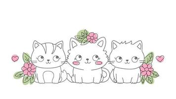 drie schattig kittens zittend kant door kant in de gras en bloemen. zwart en wit lijnen, toss. tekenfilm tekening hand- tekening banier vector. drie katten - drie het beste vrienden vector