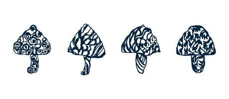 reeks van verschillend fantastisch paddestoelen, hand- getrokken, geïsoleerd Aan wit achtergrond. zwart indigo silhouet. vector illustratie. verzameling van magisch planten. grafisch. tatoeëren. ontwerp elementen