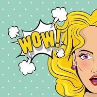 mooie blonde vrouw met wow word pop-art stijl poster vector