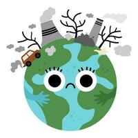 vector aarde voor kinderen. aarde dag illustratie met verdrietig kawaii vervuild planeet. milieu vriendelijk icoon met wereldbol en macht plant, verspilling Aan top. ecologisch concept