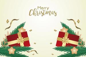 happy merry christmas belettering kaart met rode geschenken en bladeren dennen vector