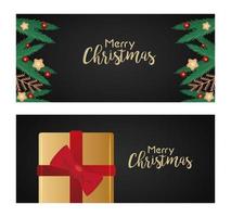 happy merry christmas letters zwarte kaarten met gouden geschenk en dennenblaadjes vector