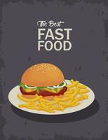 hamburger en frietjes in schotel heerlijk fastfood pictogram vector