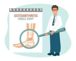 reumatoïde artritis. artrose van de menselijk enkel gewricht. mannetje dokter met een vergroten glas. medisch infographic banier, poster, vector