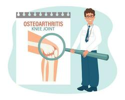 reumatoïde artritis. artrose van de knie gewrichten. mannetje dokter met een vergroten glas. medisch infographic banier, poster, vector