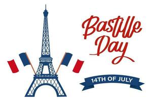 gelukkig Bastille dag. Frankrijk nationaal vakantie poster. eiffel toren en handgeschreven belettering. illustratie, vector