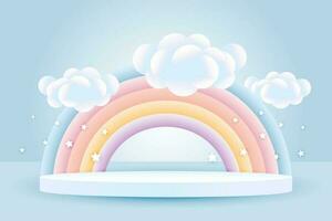 3d baby douche, regenboog met wolken en een podium Aan een pale blauw achtergrond met sterren, kinderachtig ontwerp in pastel kleuren. feestelijk achtergrond, vector