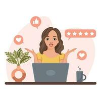 een vrouw met een laptop krijgt houdt van, opmerkingen, beoordelingen, feedback. blogger, freelancer. illustratie, klem kunst, vector