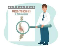 osteochondrose van de lumbaal ruggengraat. mannetje dokter met een vergroten glas en een medisch kaart. medisch infographic banier, poster, vector