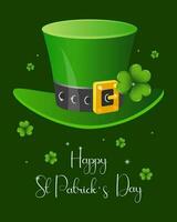 st. Patrick dag illustratie, elf van Ierse folklore hoed versierd met Klaver bladeren. ansichtkaart, poster, vakantie banier, vector