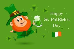 st. Patrick dag illustratie, schattig elf van Ierse folklore met bier mok en roken pijp. ansichtkaart, vakantie banier, vector