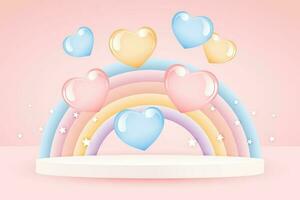 3d baby douche, regenboog en podium met ballonnen en sterren Aan een pale roze achtergrond, kinderachtig ontwerp in pastel kleuren. achtergrond, backdrop illustratie, vector