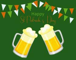 st. Patrick dag, mokken met bier, slingers met vlaggen en felicitatie- tekst. ansichtkaart, banier, vector