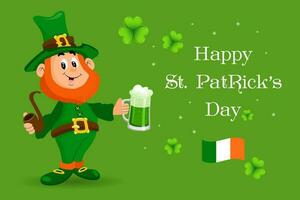 st. Patrick dag illustratie, schattig elf van Ierse folklore met bier mok en roken pijp. ansichtkaart, vakantie banier, vector