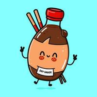 schattig grappig jumping fles van soja saus. vector hand- getrokken tekenfilm kawaii karakter illustratie icoon. geïsoleerd Aan blauw achtergrond. fles van soja saus karakter concept