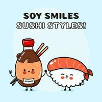 sushi en soja saus karakter. vector hand- getrokken tekenfilm kawaii karakters, illustratie icoon. grappig tekenfilm gelukkig sushi en soja saus vrienden