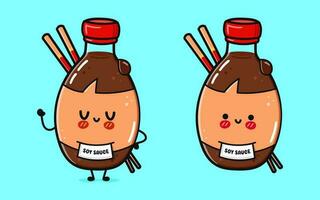 schattig grappig fles van soja saus golvend hand. vector hand- getrokken tekenfilm kawaii karakter illustratie icoon. geïsoleerd Aan blauw achtergrond. fles van soja saus karakter concept