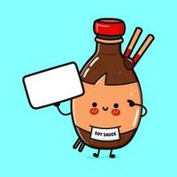 fles van soja saus met poster. vector hand- getrokken tekenfilm kawaii karakter illustratie icoon. geïsoleerd Aan blauw achtergrond. fles van soja saus denken concept