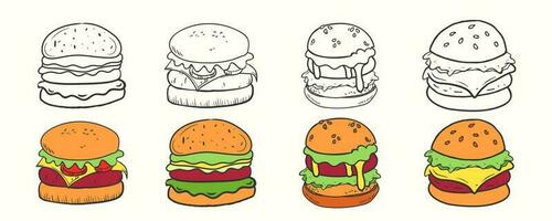 hand- getrokken tekenfilm gestileerd hamburgers vector illustratie reeks