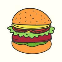 schattig hand getekend hamburger met tomaat salade en vlees. hamburger illustratie vector