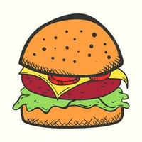 hand getekend hamburger illustratie met tomaat kaas vlees en salade in tekening stijl vector